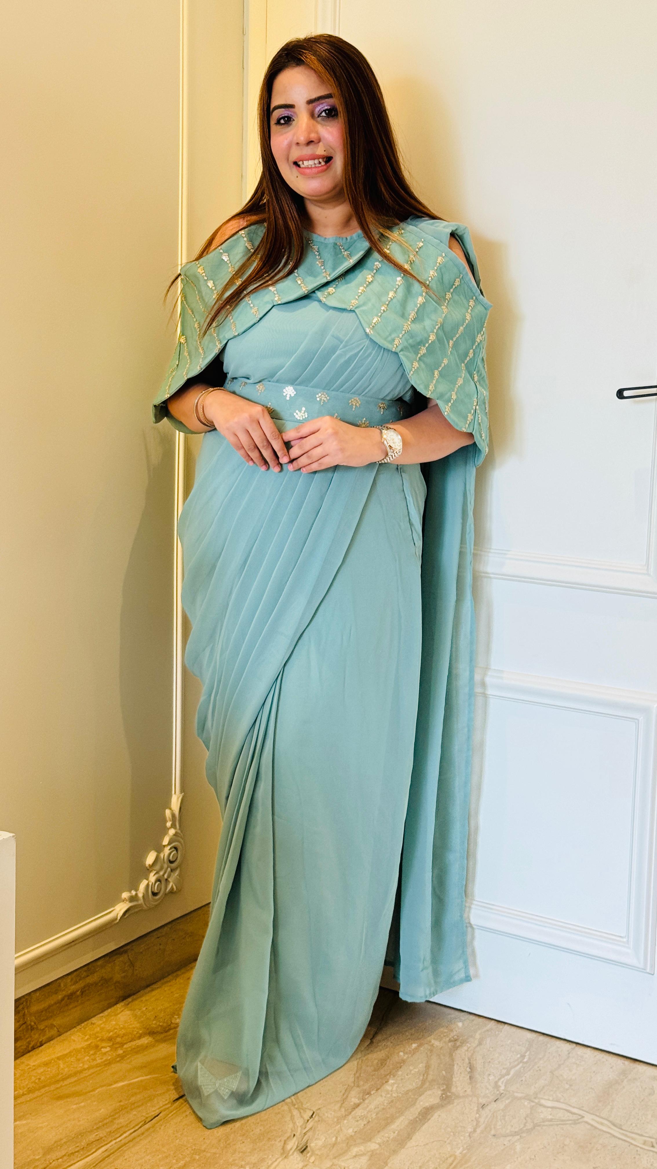 Pastel Mint Green Drape Saree with Cape & Belt
